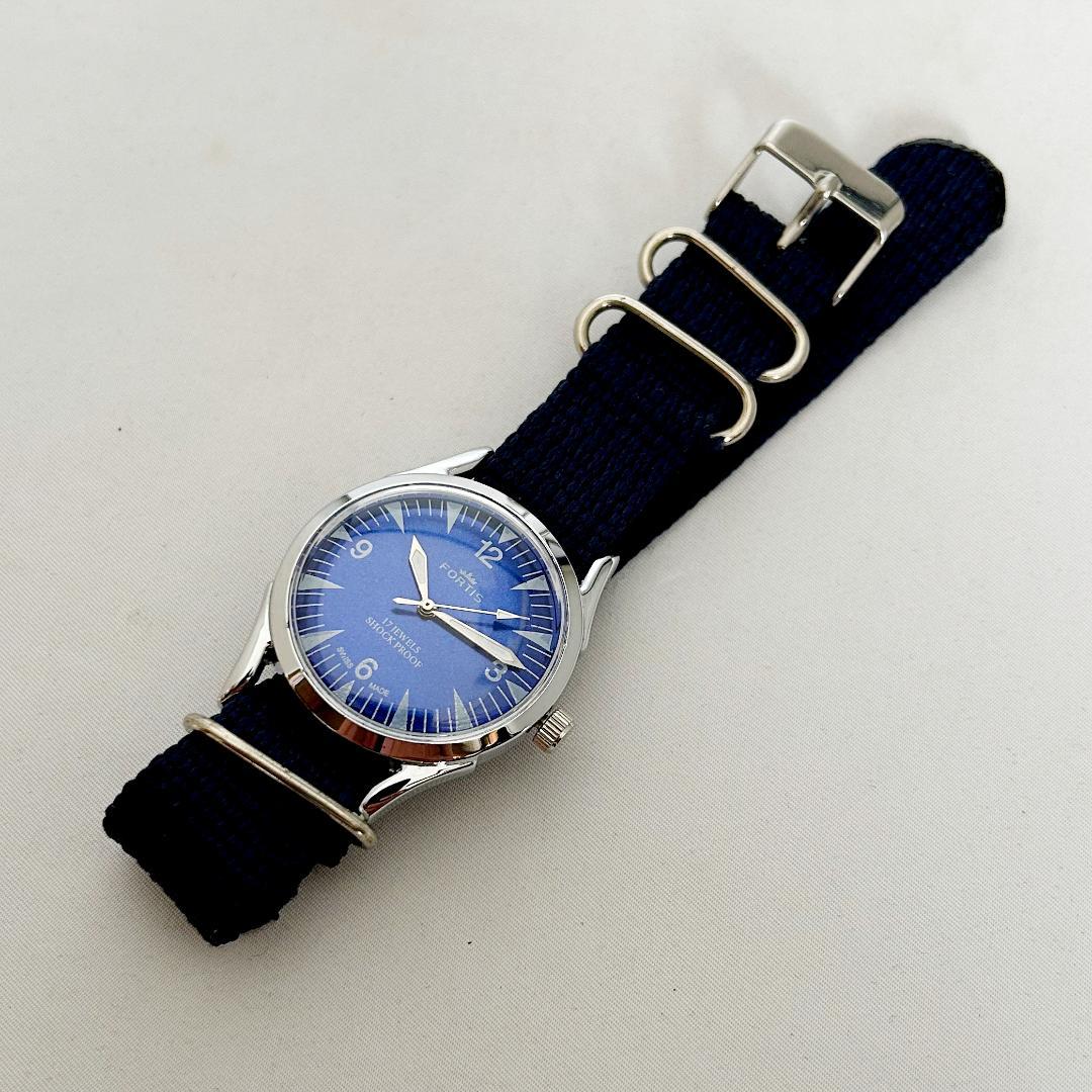 老舗スイスブランドFORTIS ブルーダイアル腕時計 機械式手巻 36㎜17石