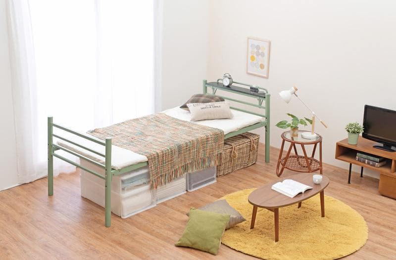 【グリーン　シングル】 便利な宮棚付きのロングベッド <フレームのみ>