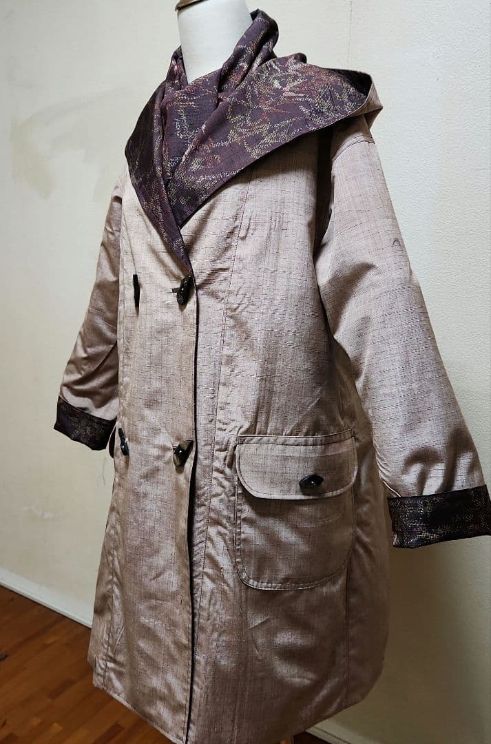 正絹結城紬&無地系紬着物リメイクリバーシブルWフ－ドコ－ト＊結城紬マフラー付き