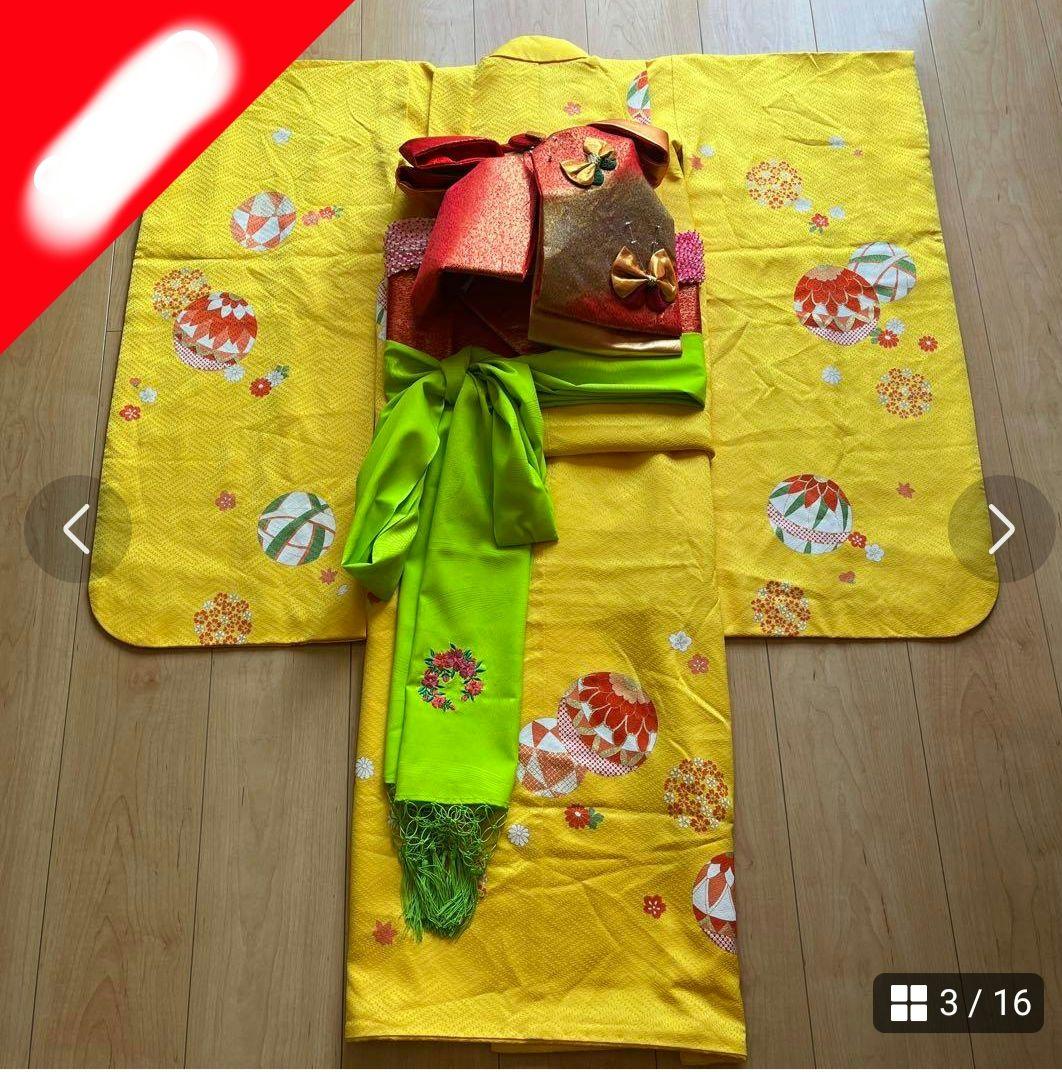 正絹　ぎんざ秀粋　黄色 7歳　七五三着物セット　和装小物　結び帯