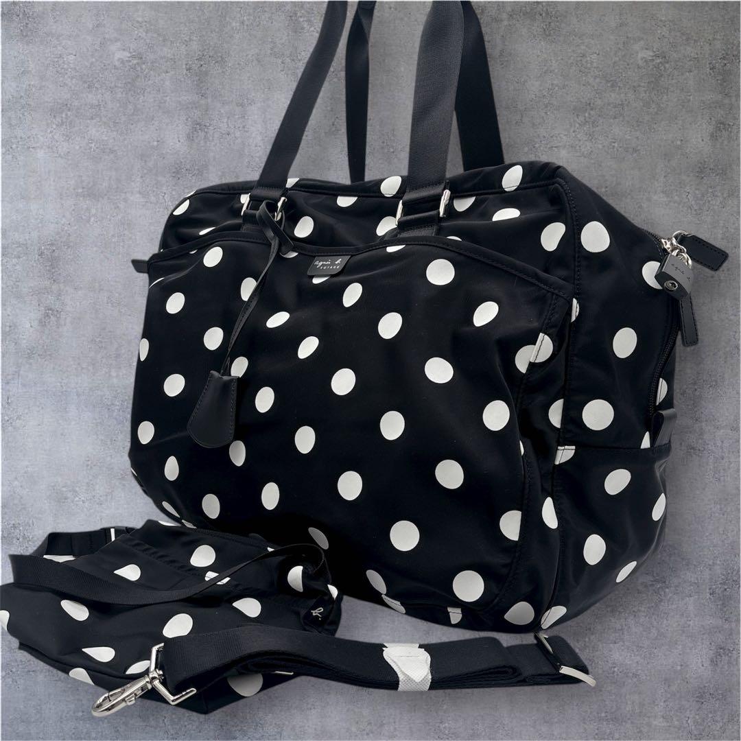 未使用級♡アニエスベー ドット柄 ボストンバッグ 南京錠 ポーチ付き 大容量