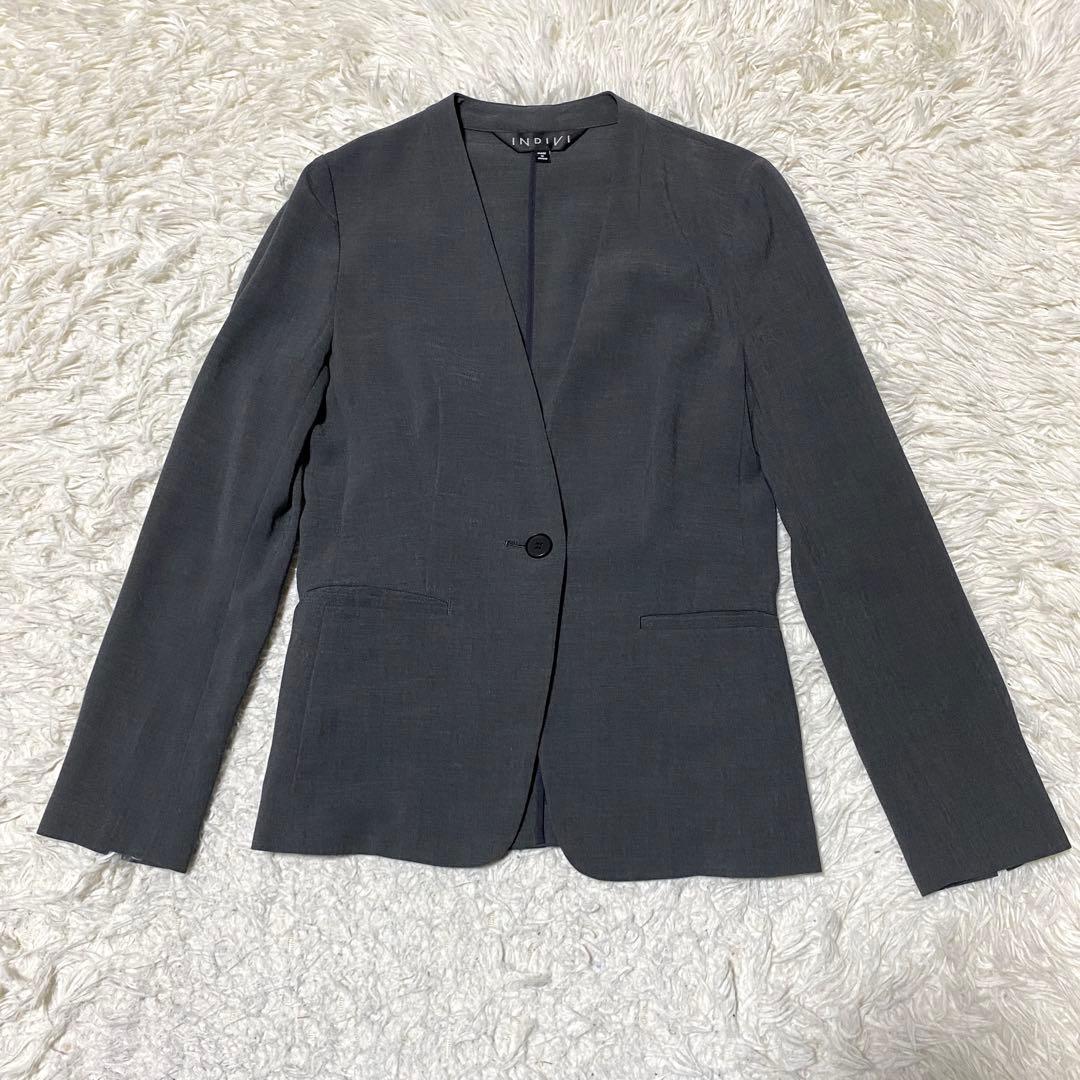 美品✨Indivi スーツ セットアップ ノーカラー グレー ジャケット パンツ
