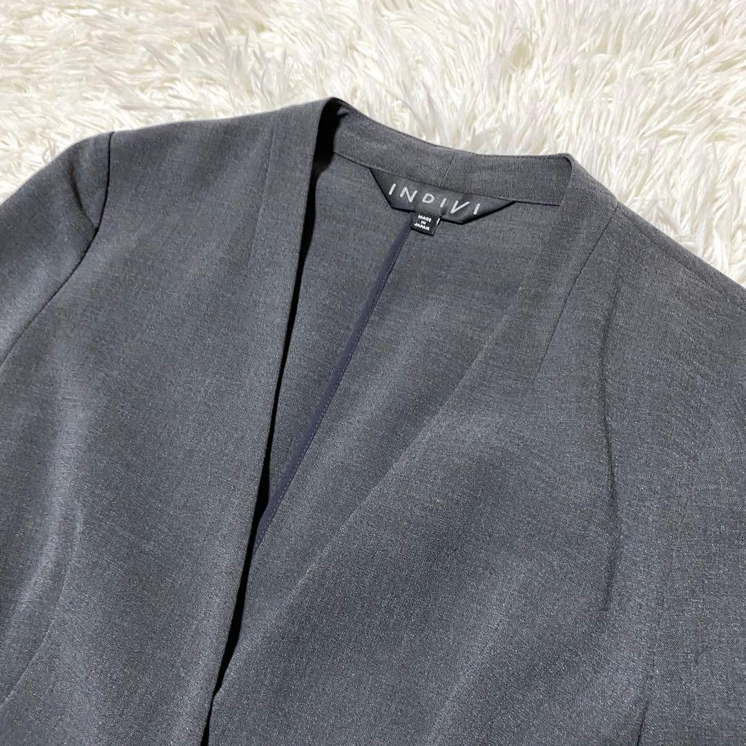 美品✨Indivi スーツ セットアップ ノーカラー グレー ジャケット パンツ