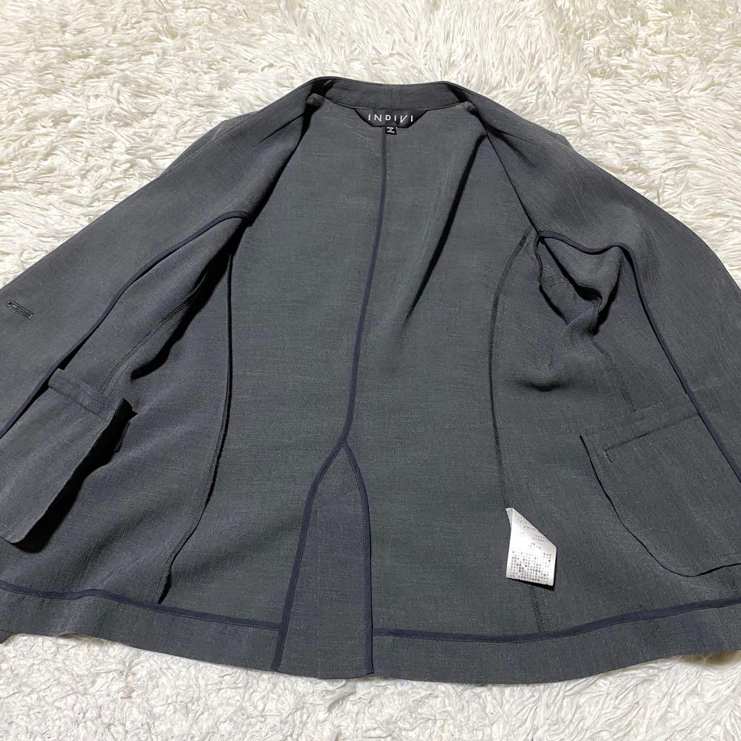美品✨Indivi スーツ セットアップ ノーカラー グレー ジャケット パンツ