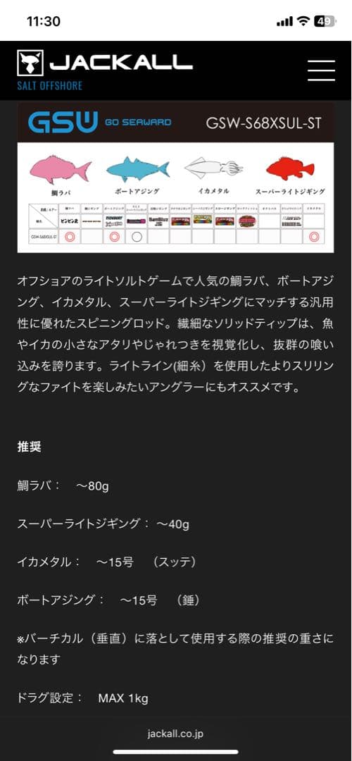 JACKALL GSW-S68XSUL-ST タイラバロッド　ロッドケース付き
