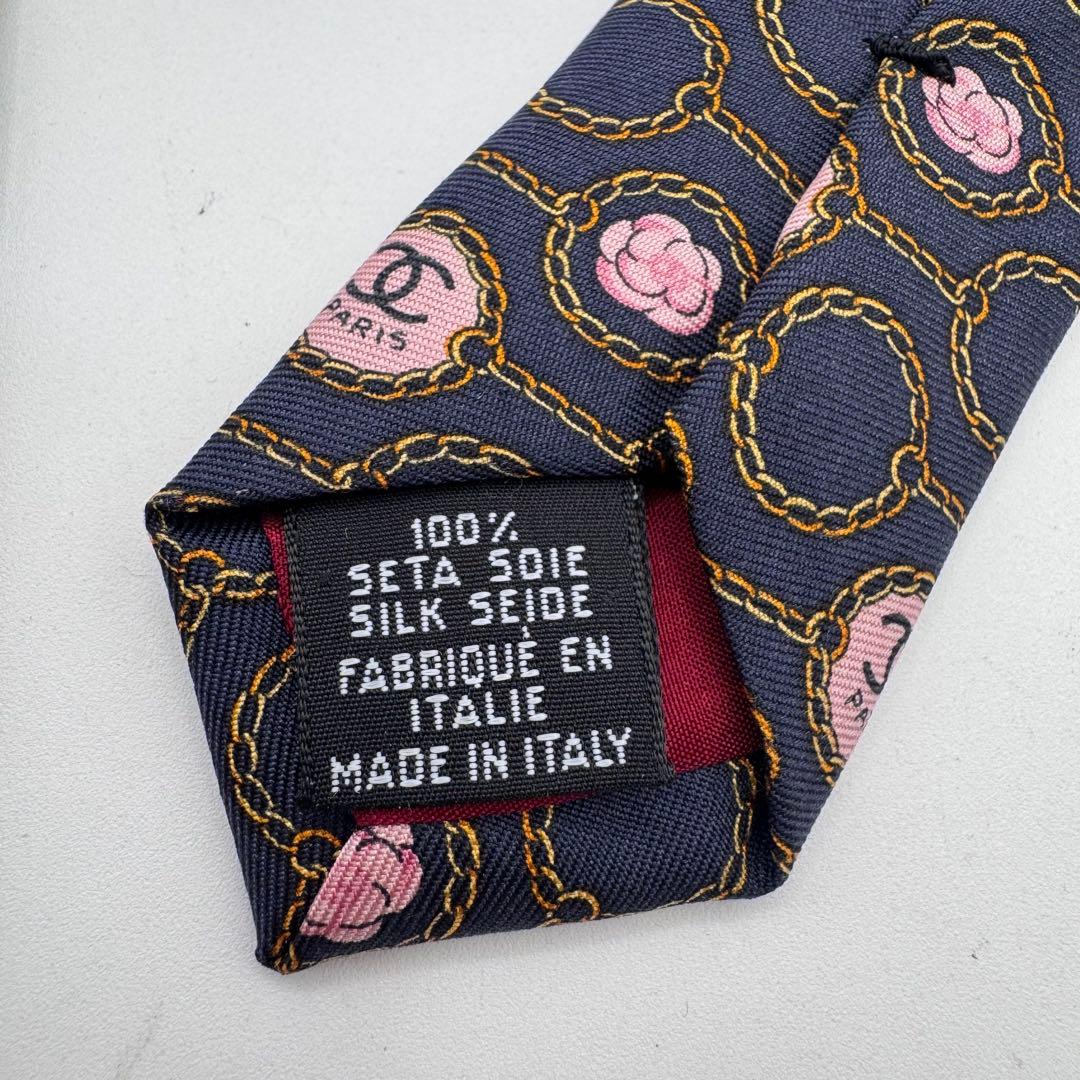 CHANEL シャネル ネクタイ 小紋 総柄 カメリア チェーン付 プリント