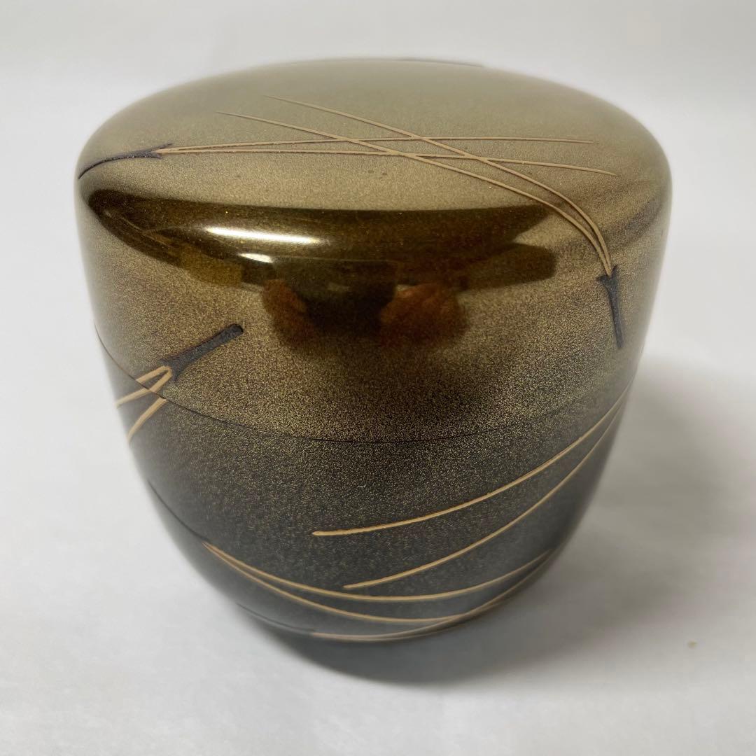FD20 井筒鳳斎　甲金地　松葉蒔絵大棗　縁金　二四高
