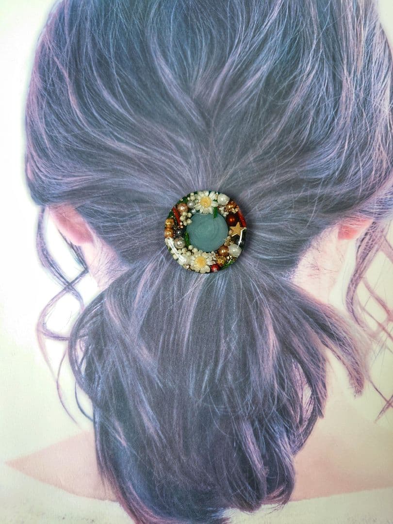 レジン　猫　ドライフラワー　ヘアゴム　ブローチ　ポニーフック　No.327