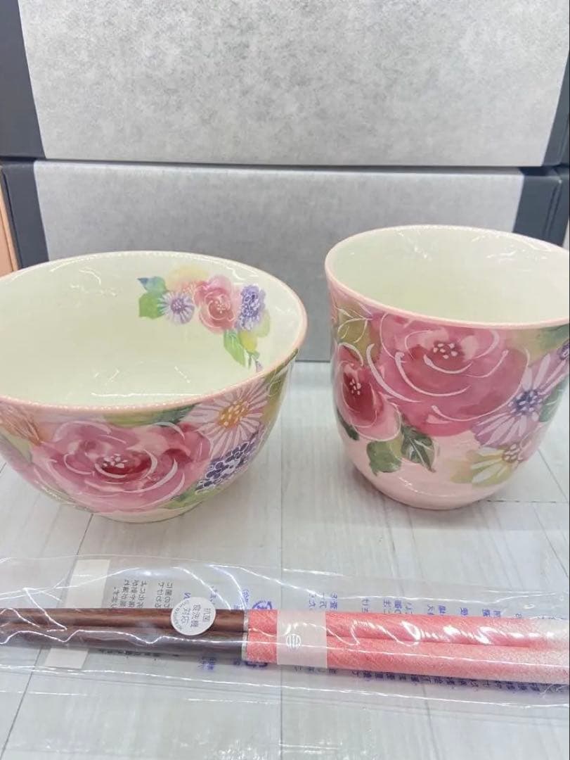 花あわせ飯碗湯呑 バラ