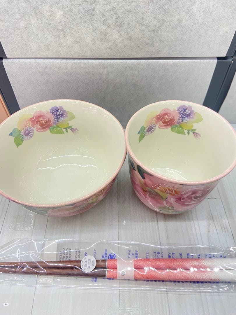 花あわせ飯碗湯呑 バラ