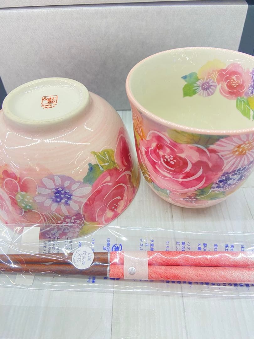 花あわせ飯碗湯呑 バラ