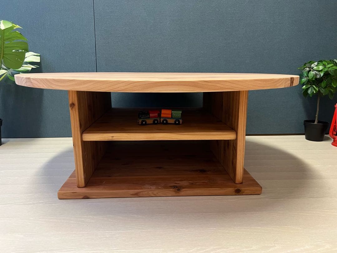 【送料無料】 ローテーブル 丸形 90cm 杉 ナチュラル 棚付き