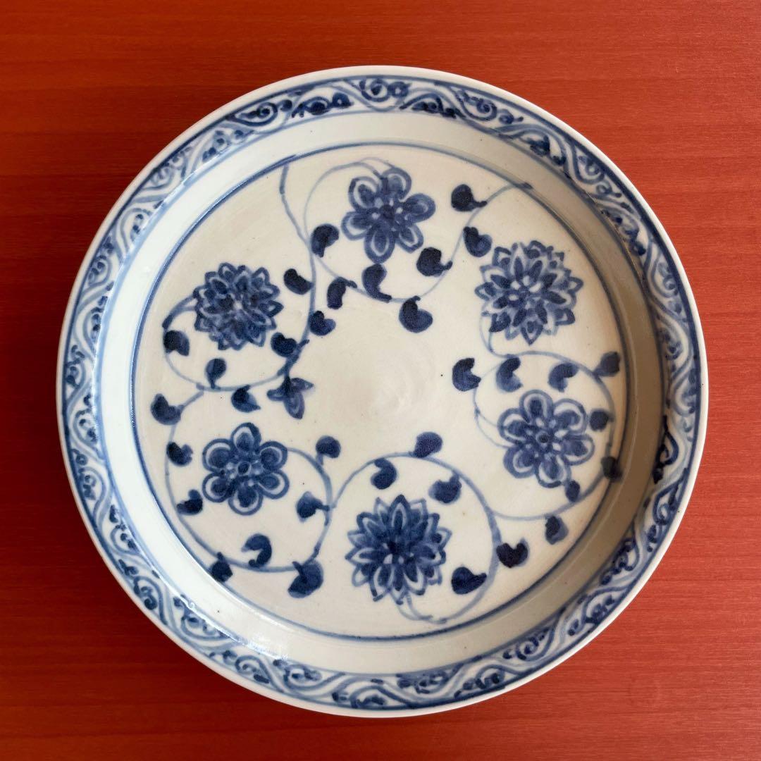 村田森　染付花唐草文丸皿　中皿