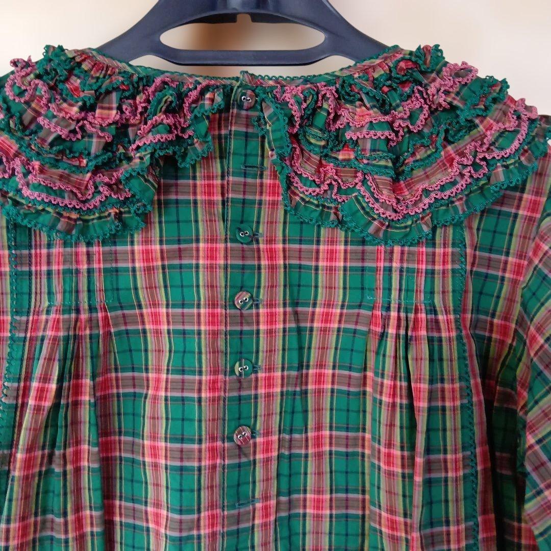ピンクハウス　フリル付き半袖ブラウス 緑と赤のチェック柄