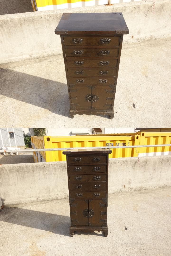 M▽李朝風家具 作者銘入り 整理箪笥 作家家具 鉄金具 引き手 (08371)