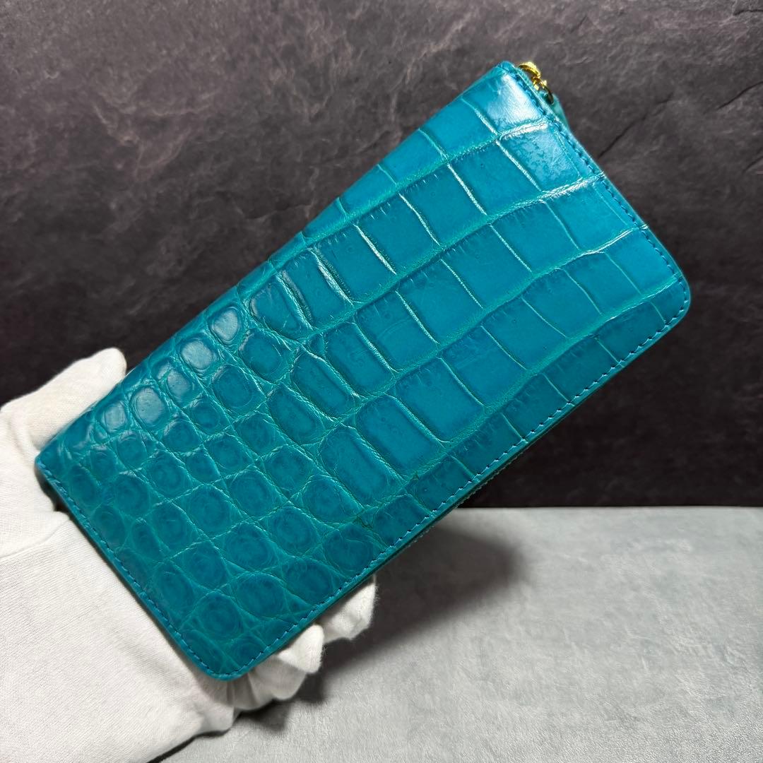 新品 クロコダイル 長財布 ターコイズブルー マット仕上げ ゴールドファスナー