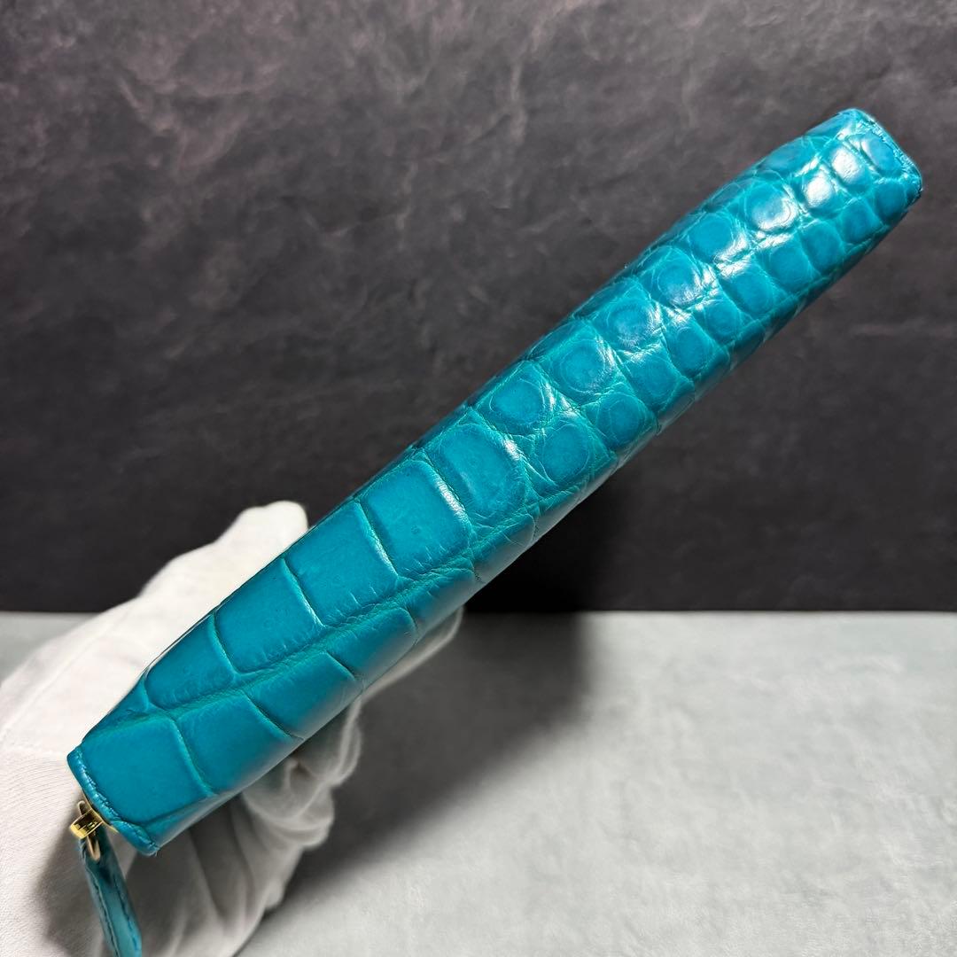 新品 クロコダイル 長財布 ターコイズブルー マット仕上げ ゴールドファスナー