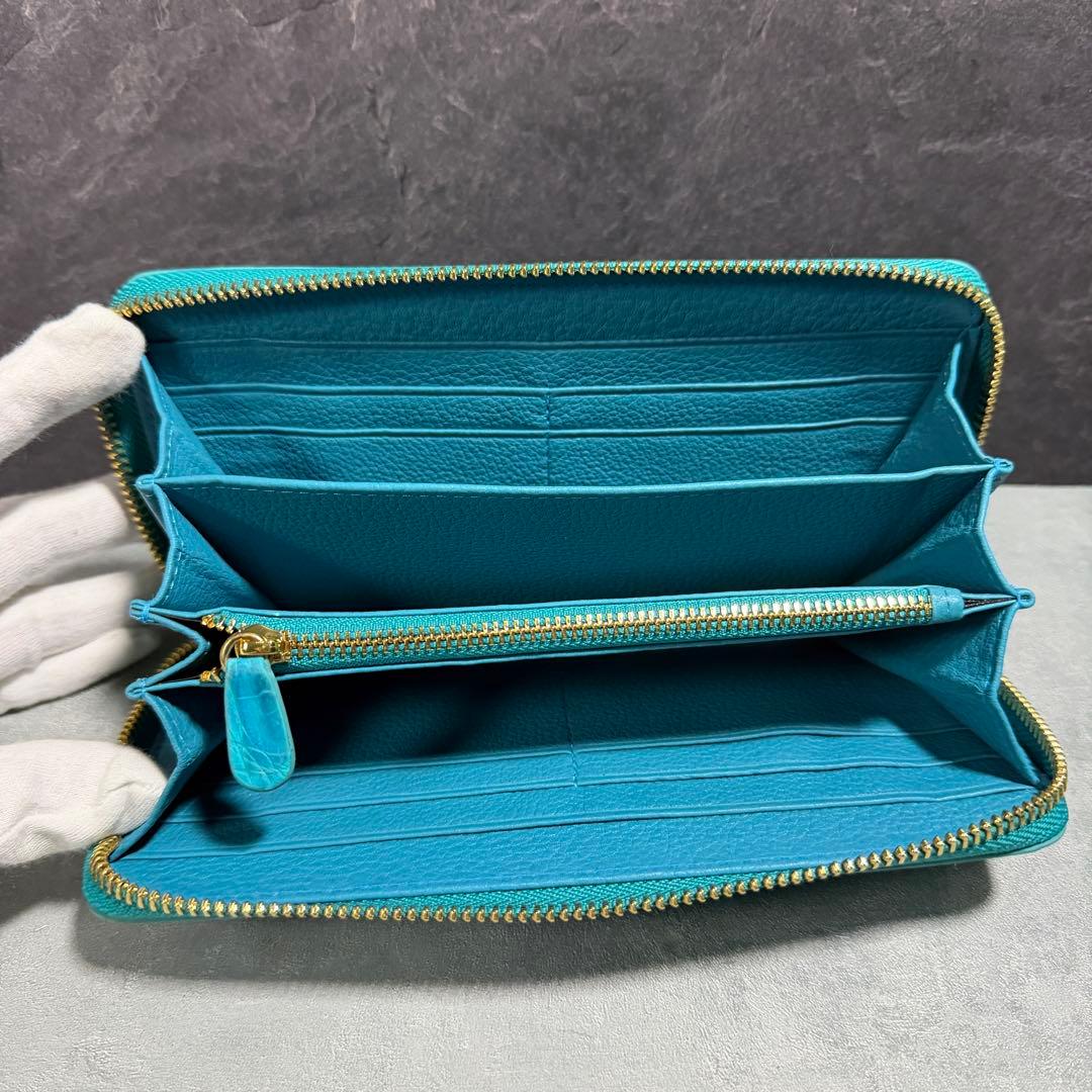 新品 クロコダイル 長財布 ターコイズブルー マット仕上げ ゴールドファスナー