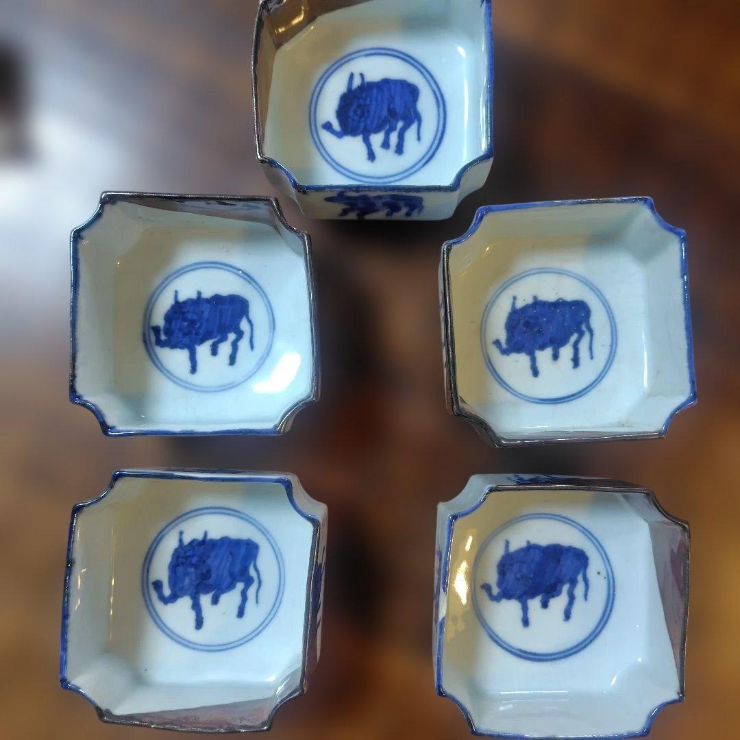 骨董 大日本永楽造 牛染付角皿 ５客