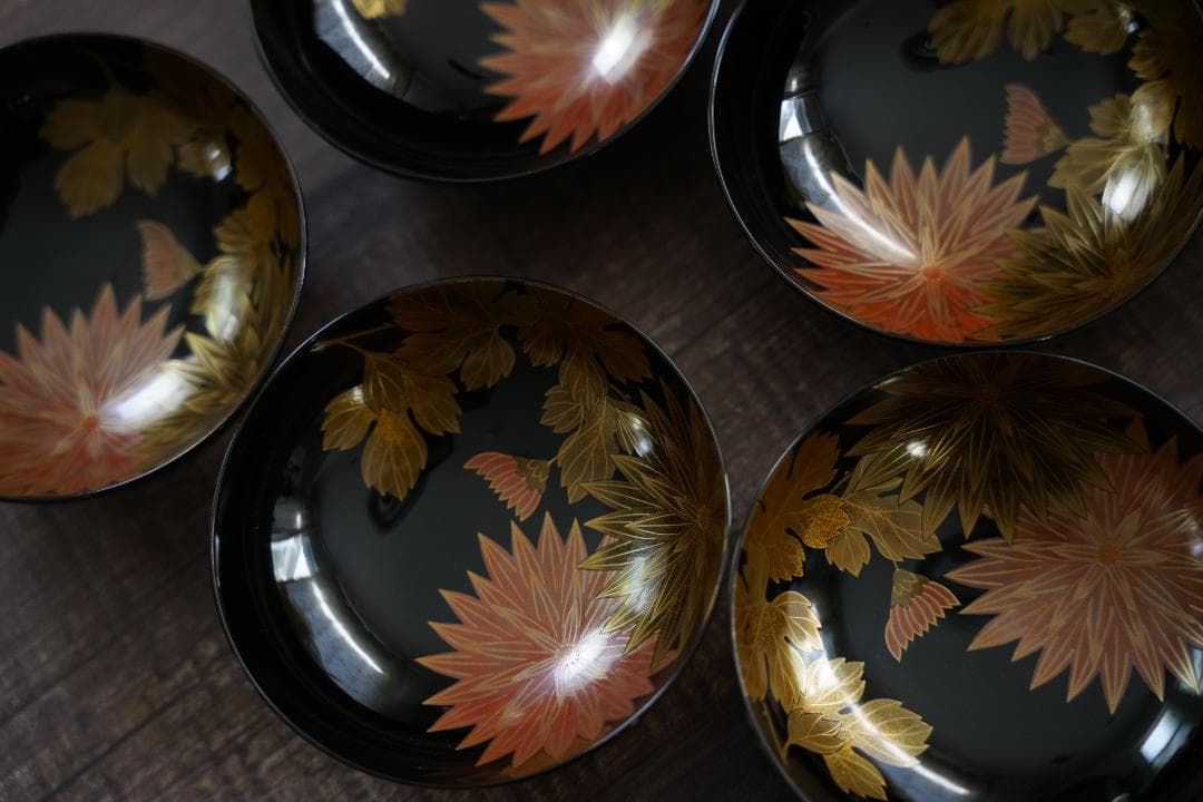 輪島塗　菊水蒔絵　　雑煮椀　煮物椀　５客