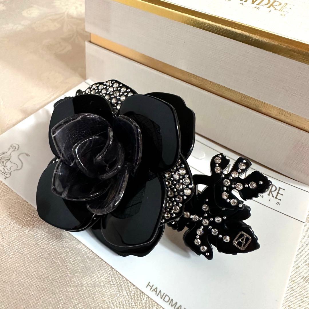 極美品♡希少ALEXANDRE DE PARIS 黒バレッタ【箱•袋付】バラの花