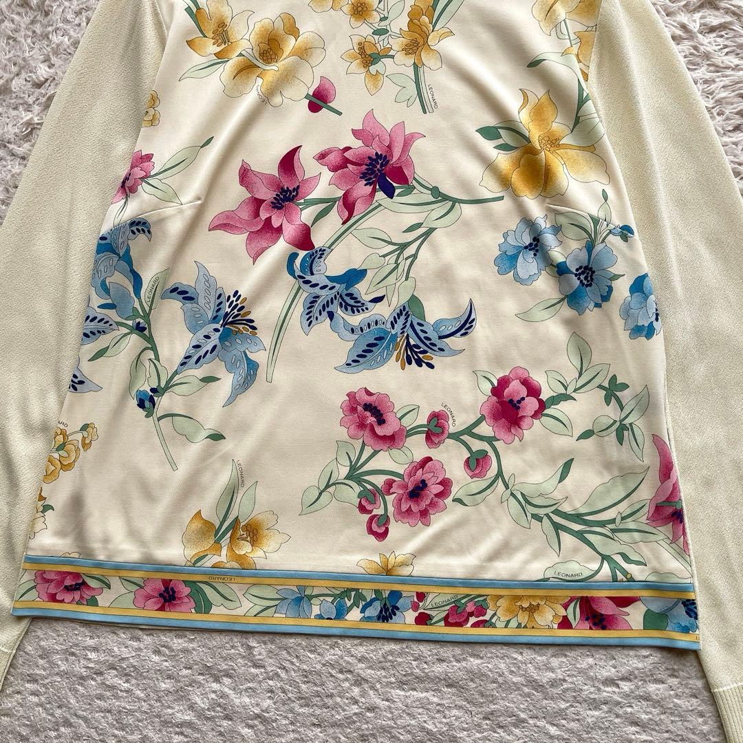 美品【大きいサイズ42】レオナール サマーニット 花柄 トリム 異素材切り替え