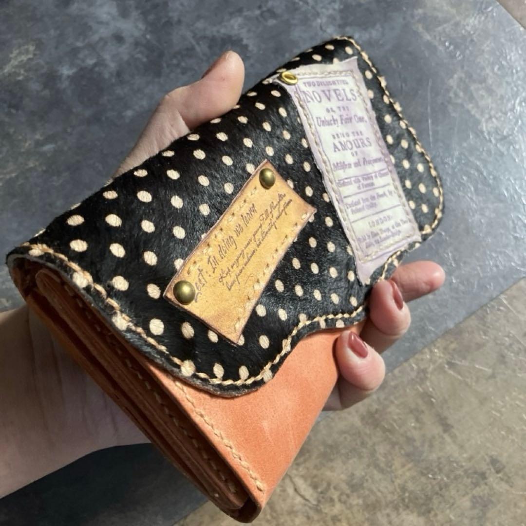本革☆ハラコ財布　サーモンオレンジ　ドット柄ハラコ　長財布