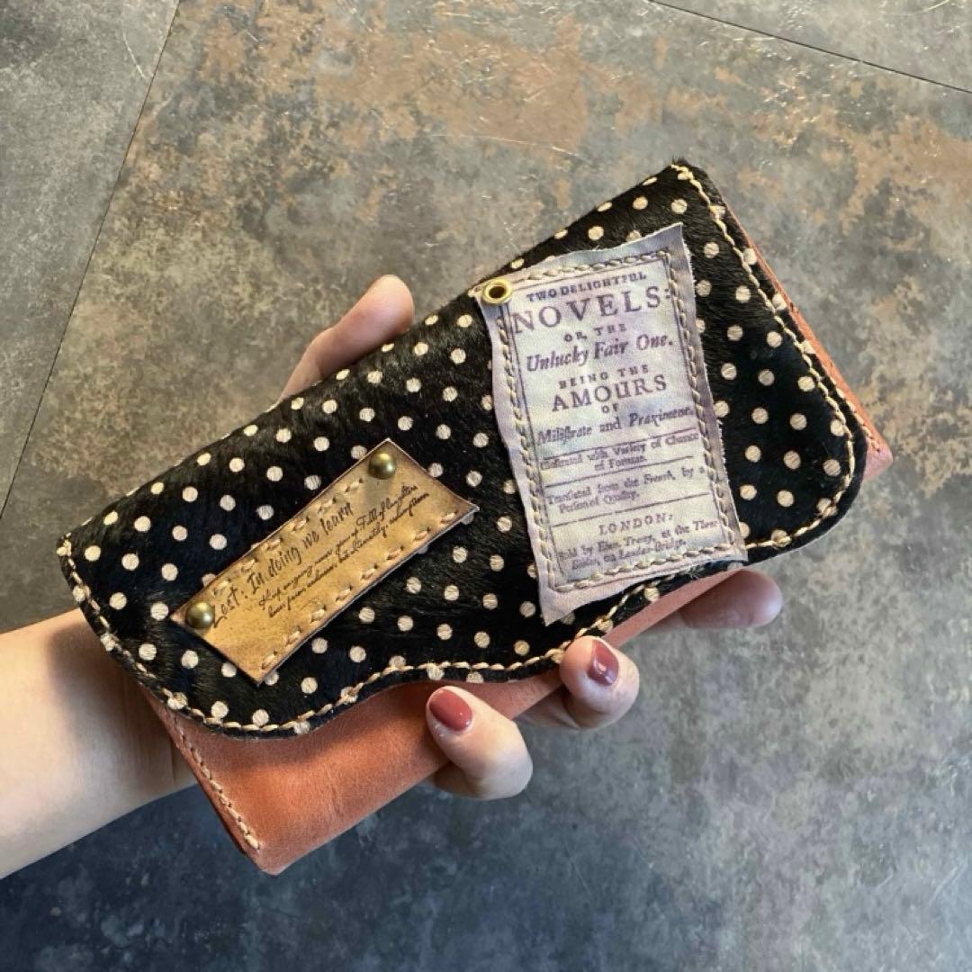 本革☆ハラコ財布　サーモンオレンジ　ドット柄ハラコ　長財布
