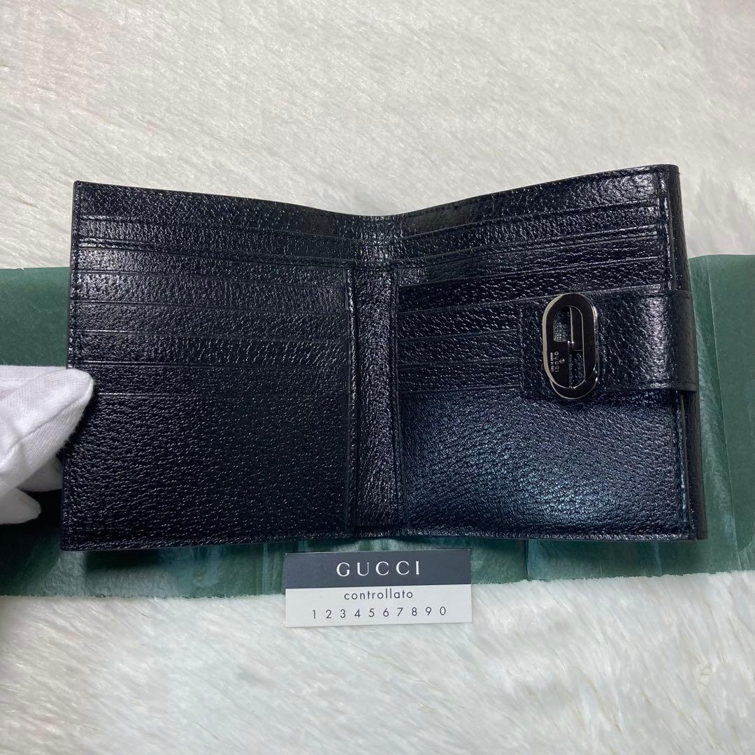 未使用保管 希少　GUCCI グッチ　二つ折り　黒　キャンバス　箱付き　付属　銀