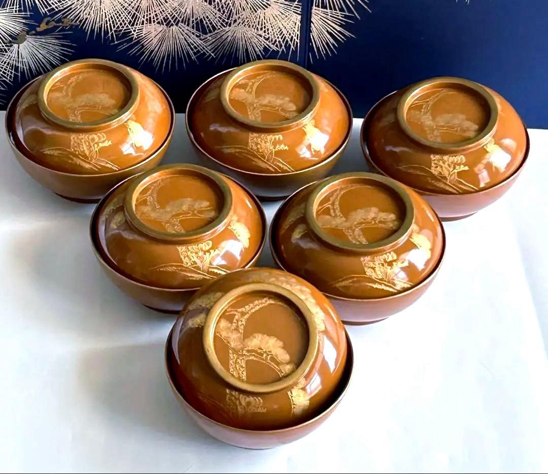 輪島塗 天然木製 松蒔絵　金縁 菓子椀　煮物椀　6客