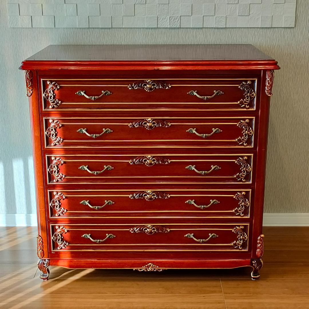 アンティーク　5段チェスト　猫脚　木彫　クラシックチェスト