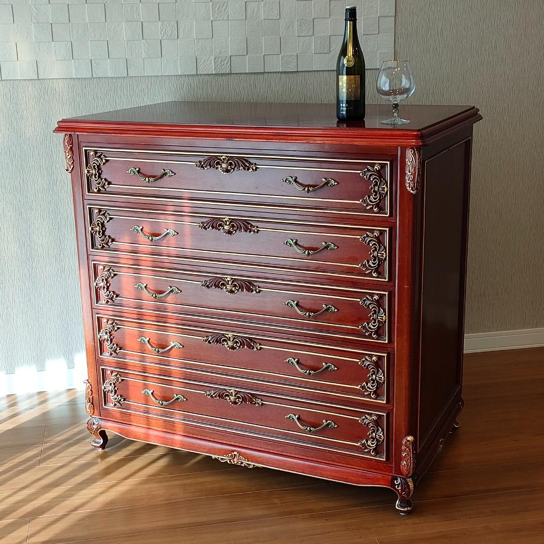 アンティーク　5段チェスト　猫脚　木彫　クラシックチェスト