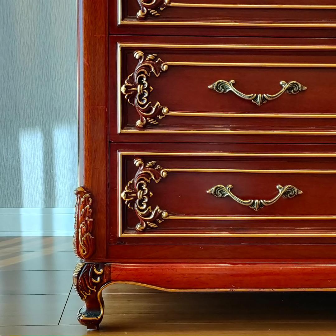 アンティーク　5段チェスト　猫脚　木彫　クラシックチェスト