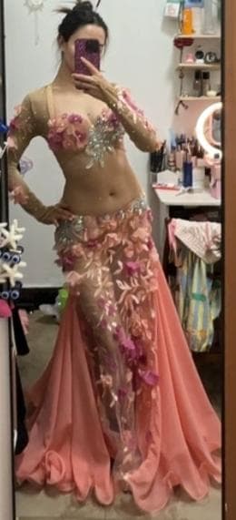 ベリーダンス衣装 ブラスカートセット オレンジ系 花 オーダーメイド