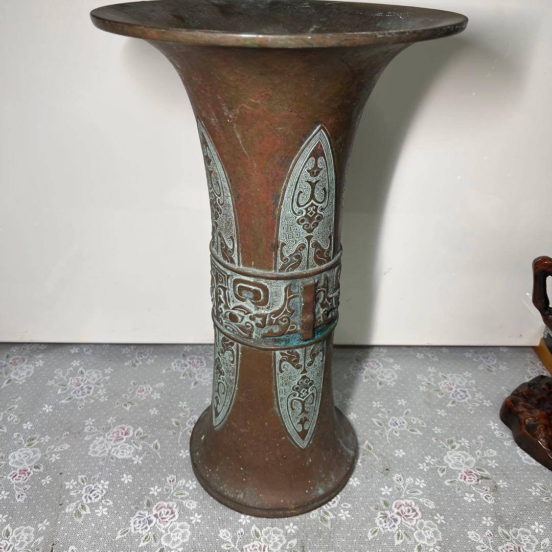 時代物 古銅 銅饕餮紋出戟花觚 高38CM 重約4kg