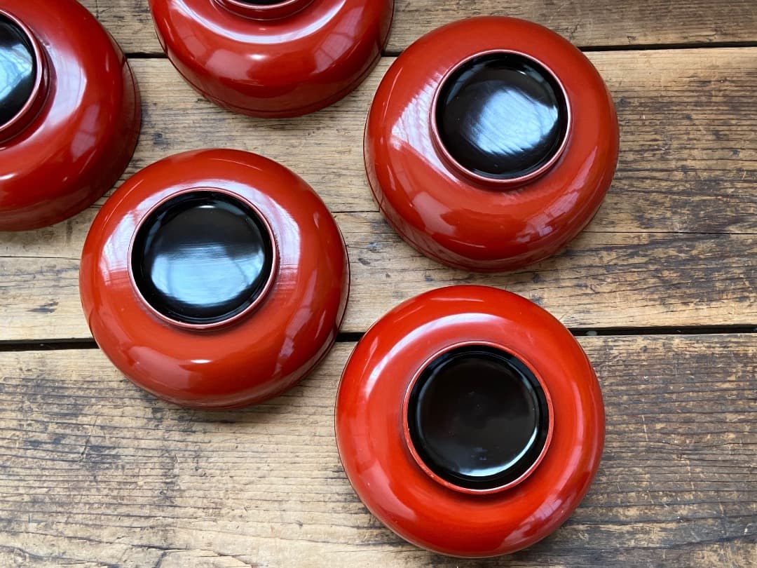 傷あり◎能登蔵出し 輪島塗 朱漆 平椀 5客 / 漆器椀 懐石椀 煮物椀 正月