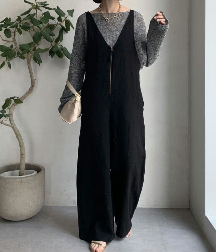 DouDou リネン フロントジップ サロペット ブラック