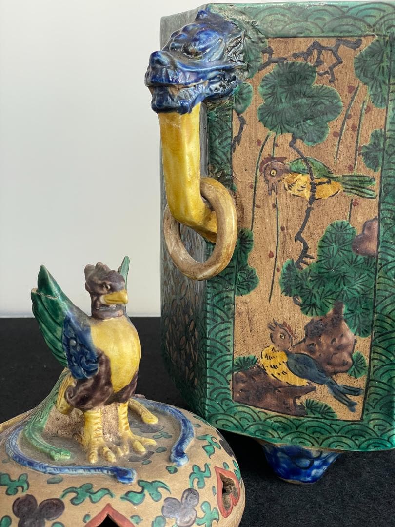 希少 古九谷 青九谷 青手 香炉 角福 1800年 香炉 鳳凰 獅子 吉田屋