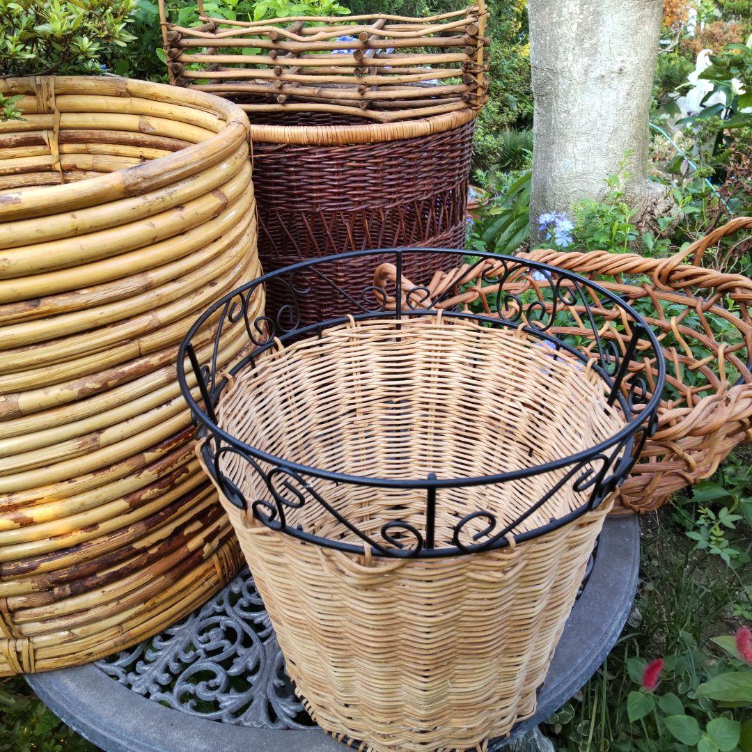 【籐バスケット♥5点商品】ラタンかご大円柱形籠ワイヤーカゴ観葉植物鉢カバー物入れ