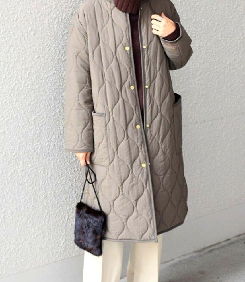 美品 SHIPS シップス ノーカラーキルティングコート カーキ