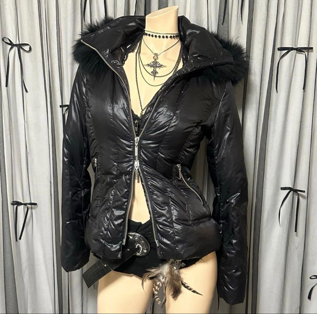 平成ギャル y2k　光沢　リアルファー付きダウン　黒　グランジ　パーカー　お兄系