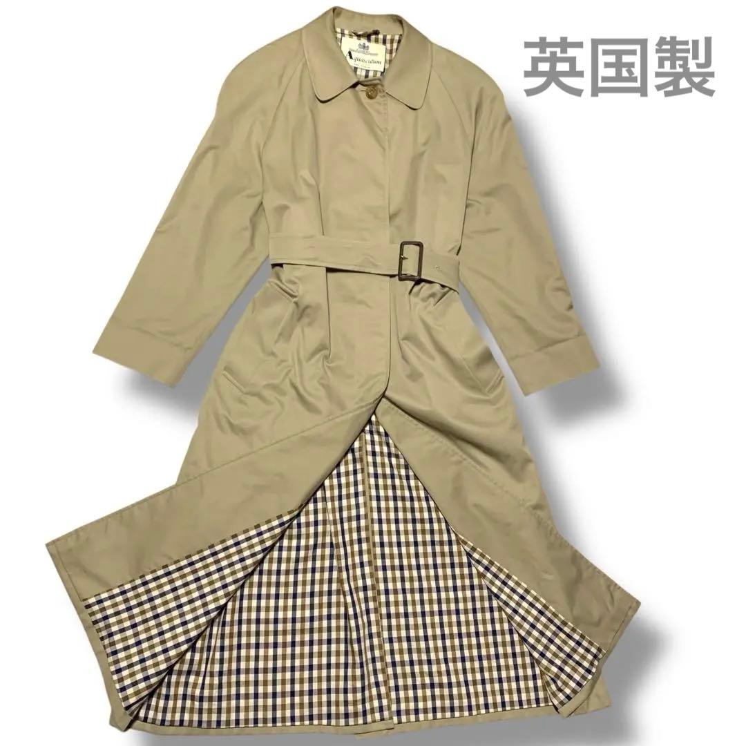 アクアスキュータム　英国製　チェック　ステンカラーコート ベージュ　比翼　XL