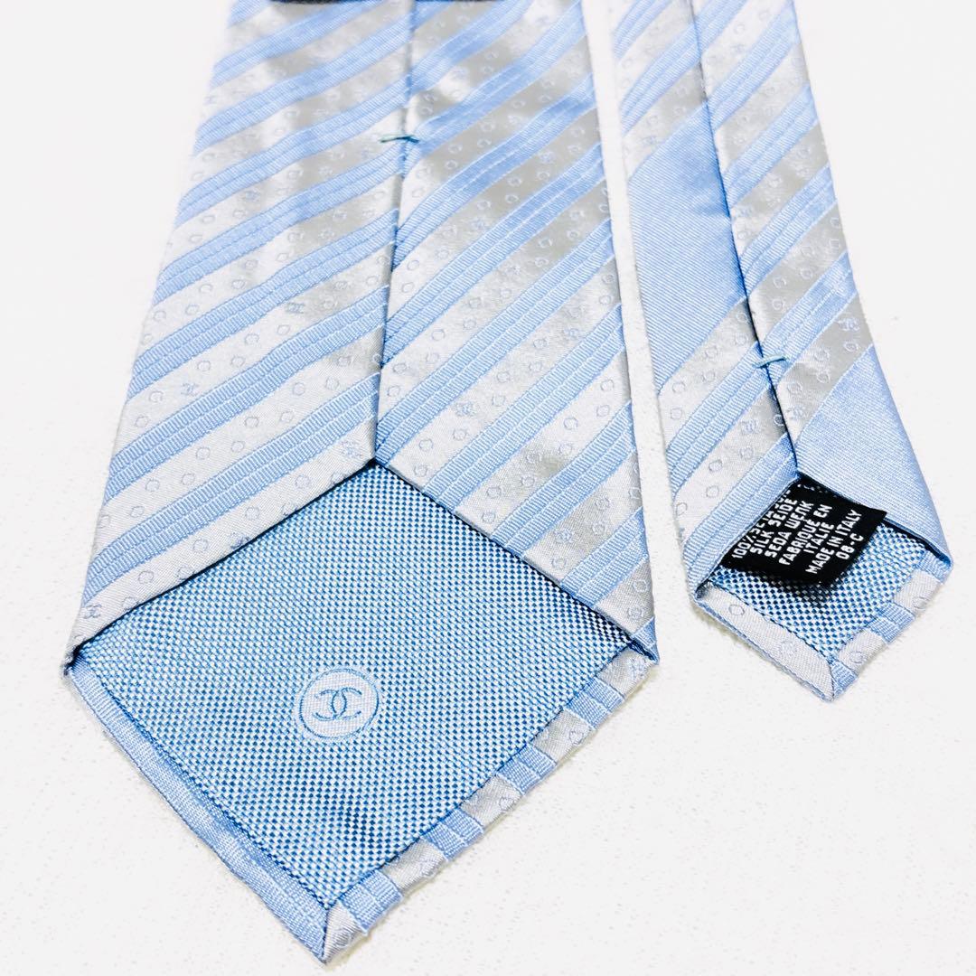 新品級 CHANEL シャネル ココマーク CC 総柄 ネクタイ シルバー 水色