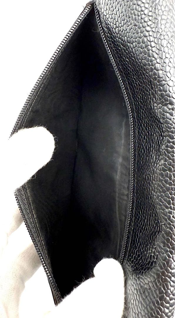 CHANEL キャビアスキン 二つ折り 財布ブルー チェーン付