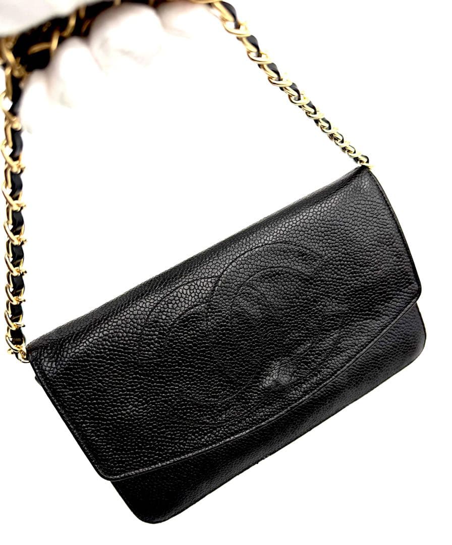 CHANEL キャビアスキン 二つ折り 財布ブルー チェーン付