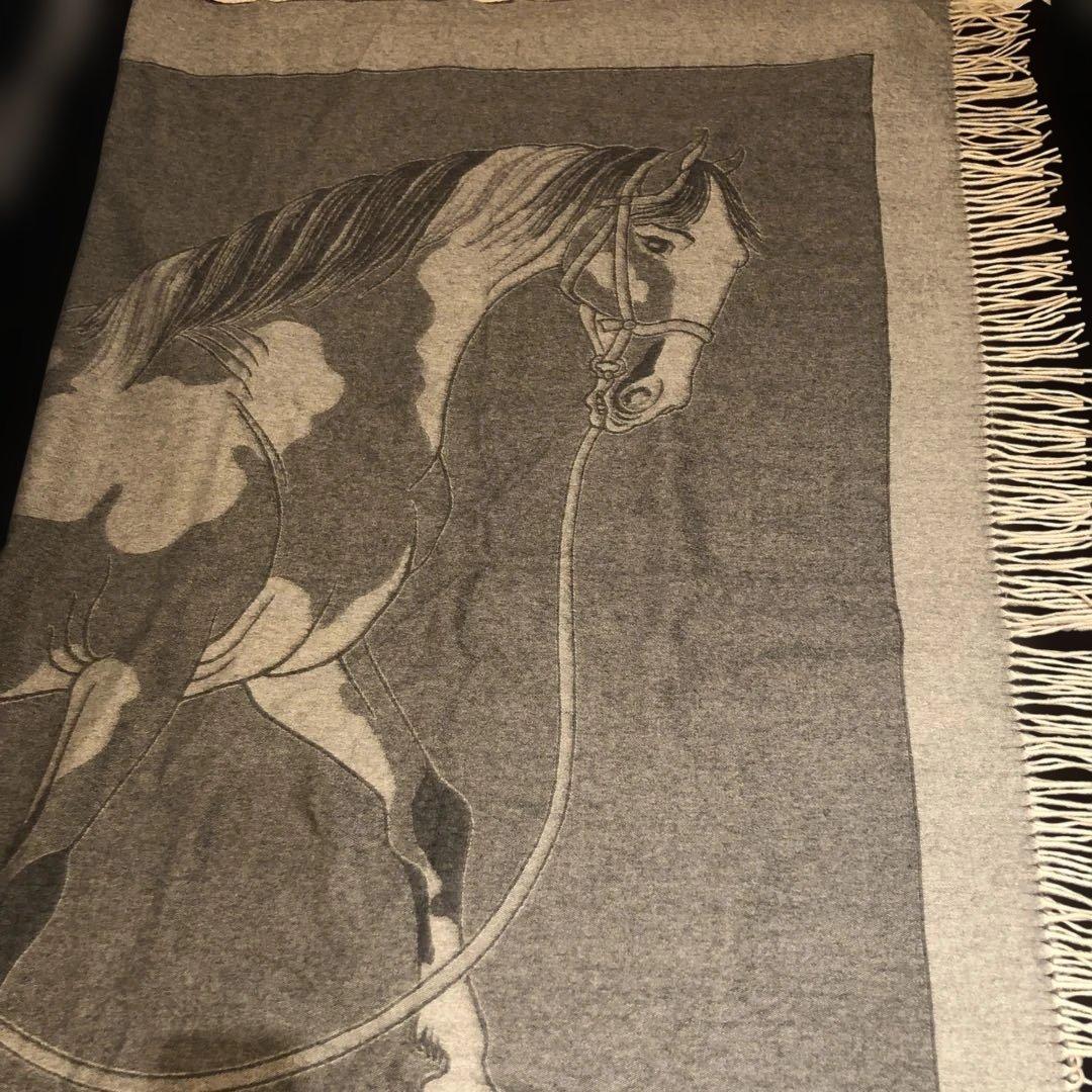 HERMES 馬デザイン ストール ブランケットグレー系