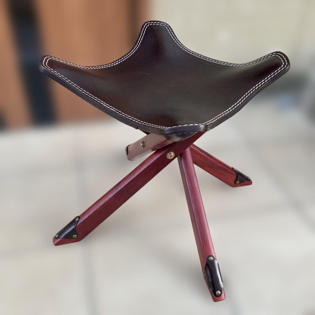 【希少】レザー ハンティングチェア 折りたたみ 本革 木製フレーム 4本足