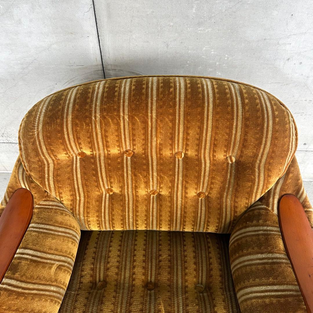 ★70s★昭和レトロ 応接ソファ｜純喫茶風 ストライプ ベロア 木肘アームチェア