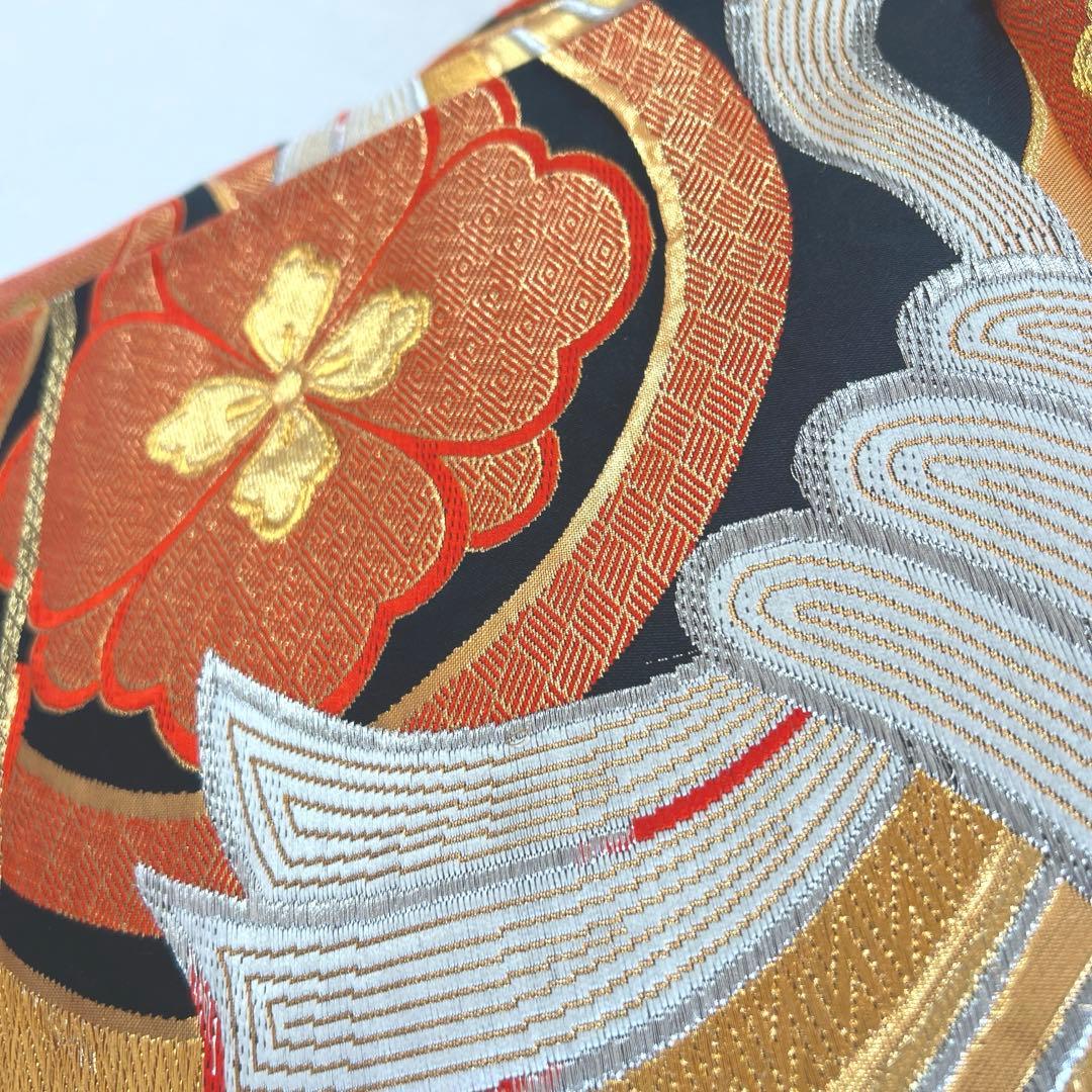 449 振袖フルセット 正絹 黒 赤 黄 緑 束ね熨斗 シンプル クール シック