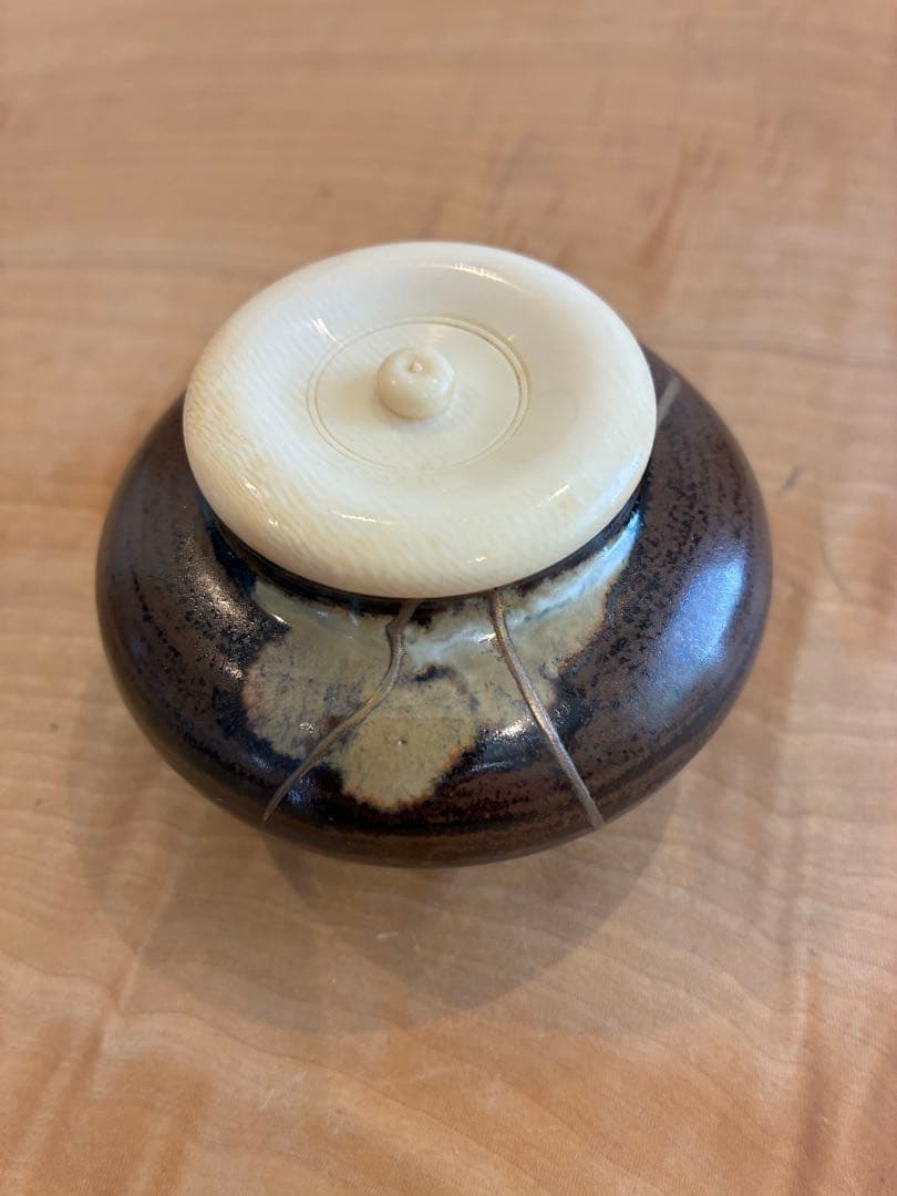 佐久間勝山 萬古焼 松古窯 平茶入 茶道具 金継ぎ 共箱